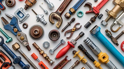 Poster - A flat lay of essential plumbing tools like pipe wrenches adjustable spanners and pliers with various pipes and fittings Stock Photo with copy space