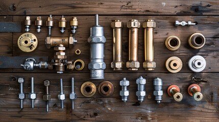 Poster - Comprehensive flat lay featuring a plumber's torch Teflon tape and various plumbing components like couplings and elbows Stock Photo with copy space