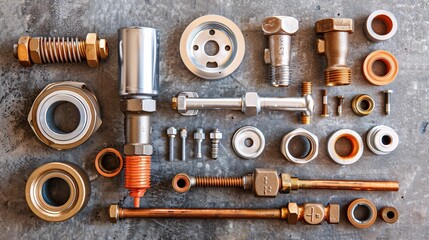 Poster - Comprehensive flat lay featuring a plumber's torch Teflon tape and various plumbing components like couplings and elbows Stock Photo with copy space