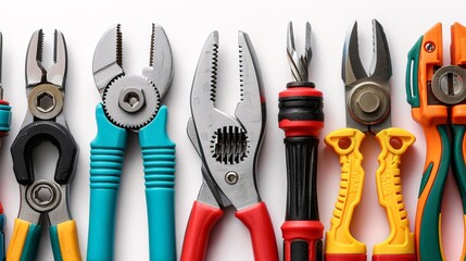 Poster - A flat lay of electrical tools including pliers wire cutters and screwdrivers arranged neatly with various cables and connectors Stock Photo with copy space