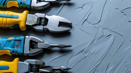 Poster - Flat lay arrangement of electrical hand tools like pliers screwdrivers and a wire stripper with assorted wires Stock Photo with copy space