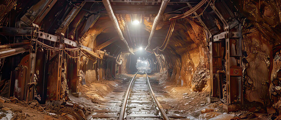 exploring the interior of a contemporary narrow and low gold mine gallery deep underground.generativ