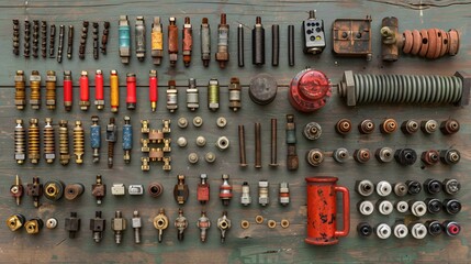 Poster - Flat lay featuring a variety of electrical components like fuses resistors and a spool of wire Stock Photo with copy space