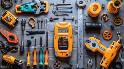 Poster - Essential tools for electrical work laid out in a flat lay including a multimeter wire cutters and a selection of connectors Stock Photo with copy space