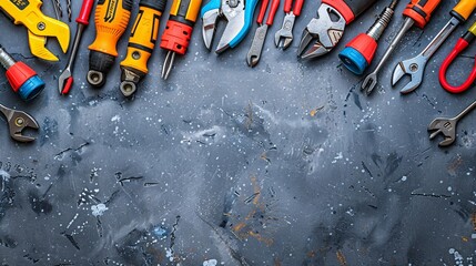 Wall Mural - A comprehensive flat lay of essential electrical tools like pliers wire strippers and screwdrivers with assorted wires Stock Photo with copy space