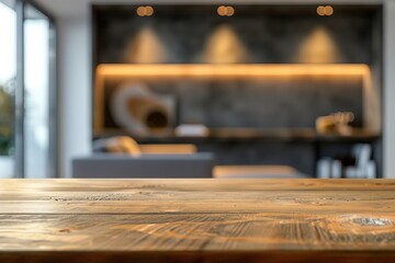 Poster - A wooden dining table sits in the foreground of a contemporary living room setting, with a blurred background of the interior