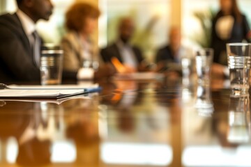 Poster - a group of business professionals discuss investment opportunities around a conference table in a me