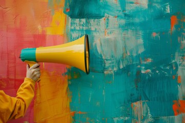 A hand holds a yellow megaphone with a teal handle against a vibrant studio background featuring abstract brushstrokes in various colors