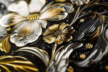 Poster - A close-up of a textured surface decorated with a repeating floral pattern in black, gold, and white