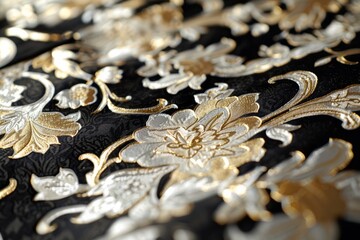 Poster - A close-up of a black fabric with a gold and white floral pattern