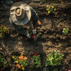 Poster - Gardener Planting Flowers in a Sunny Garden