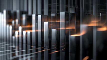 Poster - A series of black and silver cubes with a yellow glow. The cubes are arranged in a way that creates a sense of depth and movement. Scene is one of futuristic technology and innovation