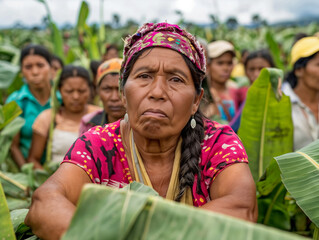 Canvas Print - A woman wearing a pink dress and a purple head scarf is sitting on a banana leaf. She is surrounded by other women, some of whom are also wearing head scarves