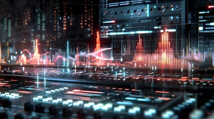 Poster - A creative visualization of EQ processing, with parametric, graphic, and shelving EQ curves shaping frequency components within an audio signal, enhancing tonal quality in a digital studio environment
