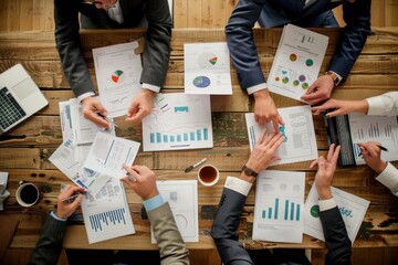 Poster - a high-angle view of business professionals engaged in a brainstorming session around a conference t