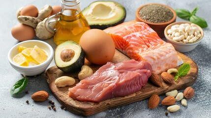 A variety of high-protein diet foods arranged on a cutting board, including fresh fish fillets, nuts, avocado, oils, and eggs, highlighting nutritious and wholesome eating choices.