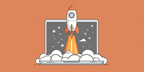 Space rocket launch from laptop screen as startup and marketing futuristic promotion icon. Generative AI.