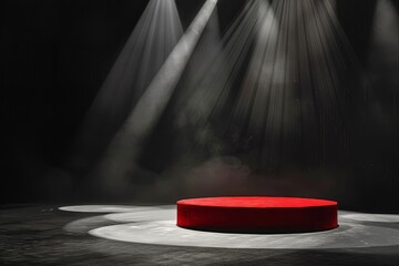 Poster - A single red podium sits in the center of a dark theater stage illuminated by spotlights