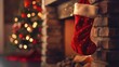 © NickArt - Red socks or stockings hanging under over the Christmas decorated fireplace mantle in the house. Generative Ai