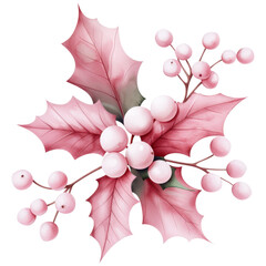 Wall Mural - Pink holly leaves with berries in watercolor style for Christmas decor clipart with transparent background