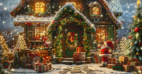 Sticker - Design a whimsical Christmas background with Santas workshop, bustling with elves preparing toys for delivery.