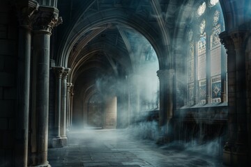 Poster - A grand hall with Renaissance architecture, shrouded in smoke and dramatic lighting, creating an eerie and atmospheric ambiance