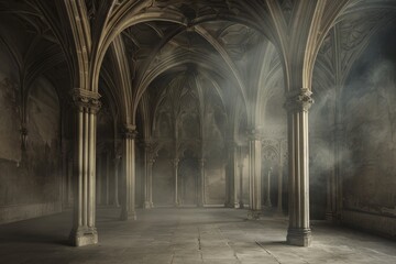 Poster - An empty Renaissance hall with a vaulted ceiling and columns, bathed in dramatic lighting with subtle smoke effects