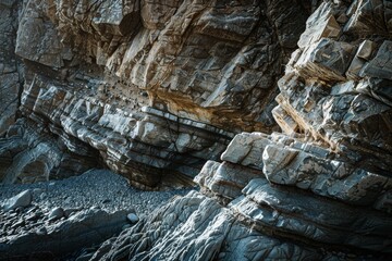 Layered rock formations jut out from a coastal cliff, bathed in the golden light of the setting sun