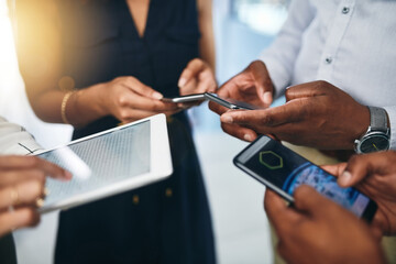 Poster - Phone, tablet and hands of people in circle for data sharing, meeting or collaboration with connectivity. Technology, business and team at digital agency with networking, research or mobile app chat