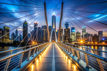 Wall Mural - A bridge over a river with a city in the background. The bridge is lit up at night, creating a warm and inviting atmosphere