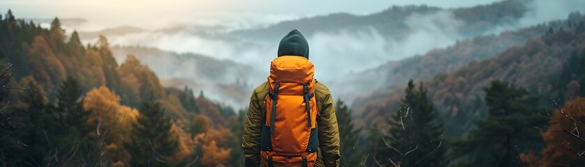 Canvas Print - Eco Friendly Backpacking Adventure in Misty Autumnal National Park Landscape