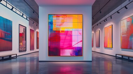 Poster - Vibrant Geometric Abstract Art Piece Displayed in Modern Gallery Interior