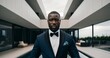 © GS-Studio - The image shows a man in a suit and bow tie standing in a modern house with a pool.