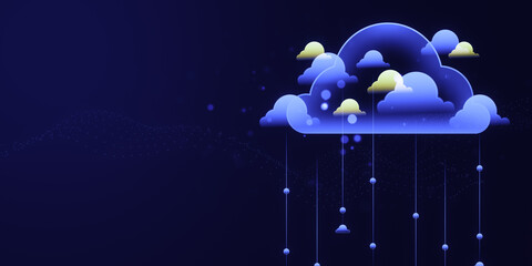 Poster - Stylized clouds with connected nodes on a dark blue background, depicting a cloud technology concept. 3D Rendering