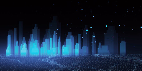 Poster - A digital concept of a smart city skyline over a network grid with floating particles, depicted in blue tones against a dark background. 3D Rendering