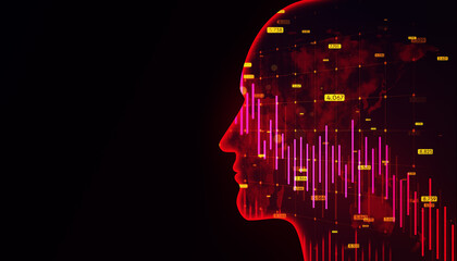 Poster - Silhouette of a human head with glowing financial data, on a dark red background, concept of market analysis. 3D Rendering