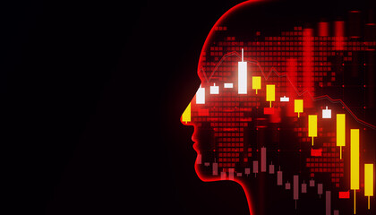 Poster - Silhouette of a human head overlaid with stock market data, with a digital style on a dark red background, concept of financial analysis. 3D Rendering