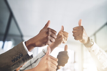 Poster - Business people, hands and collaboration or thumbs up with closeup for team building, vote or agreement with diversity. Group, employees and yes emoji for partnership, solidarity or support on mockup