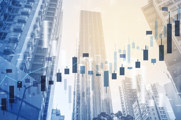 Poster - Skyscrapers with an overlay of stock market charts, showcasing a concept of finance and urban development on a light background