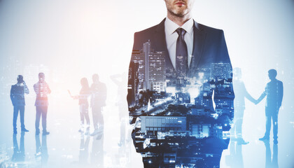 Aufkleber - A businessman with a double exposure of cityscape and business people, symbolizing network, partnership, and corporate concept, against a light background