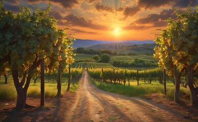 Wall Mural - Sunset over vineyards