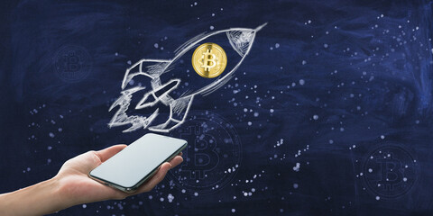 Poster - Hand holding a smartphone with a Bitcoin symbol launching out, illustrated on a chalkboard background, depicting a concept of cryptocurrency investment