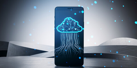 Poster - Smartphone displaying a neon blue circuit board cloud with connecting lines on a minimalistic gray background, concept of digital technology. 3D Rendering