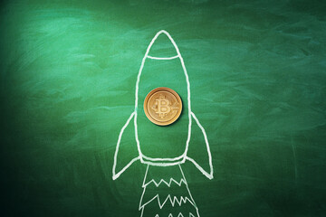 Poster - A Bitcoin coin on a chalk-drawn rocket on a green chalkboard, creative concept of cryptocurrency growth. 3D Rendering