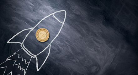 Poster - A coin resembling cryptocurrency on a chalk-drawn rocket, chalkboard background, concept of financial growth. 3D Rendering