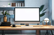 © Who is Danny - Modern desktop computer with a blank screen on a wooden desk, interior workspace setting, light background, concept of technology. 3D Rendering