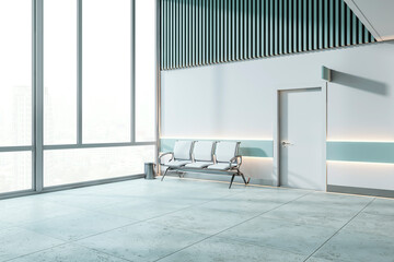 Poster - Modern office waiting area with empty chairs, a clean interior with large windows and a view of the city, bright light. 3D Rendering