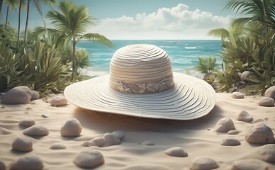 Wall Mural - Straw hat on the beach with sea view and palm trees.