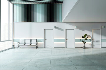 Poster - Modern medical clinic corridor with rows of chairs, doors, and a large window, emphasizing a clean, spacious interior concept. 3D Rendering