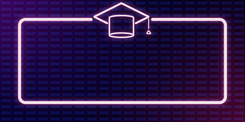 Poster - Neon graduation cap inside a rectangular frame, on a grid-patterned backdrop, symbolizing education and learning. 3D Rendering